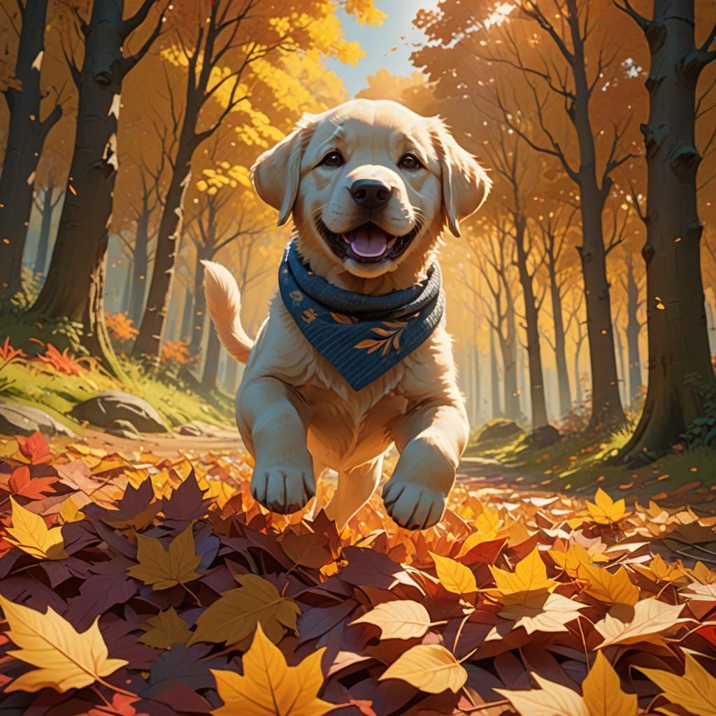 Fluffy Labrador Puppy Leaping in Autumn Leaves