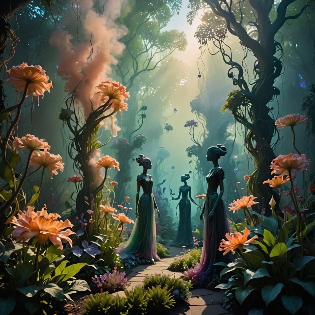Surrealist Figures in Ethereal Dream Garden