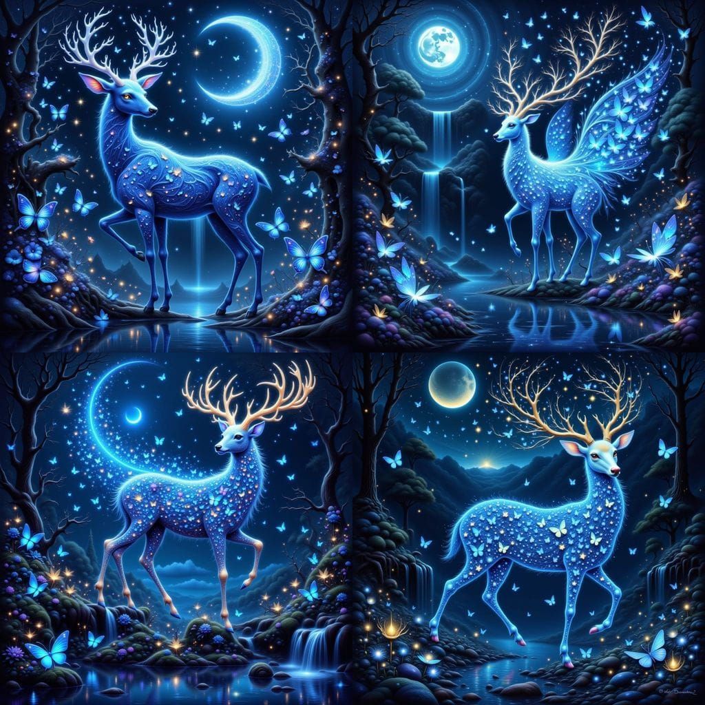 Bioluminescent Butterfly Deer with Golden Antlers
