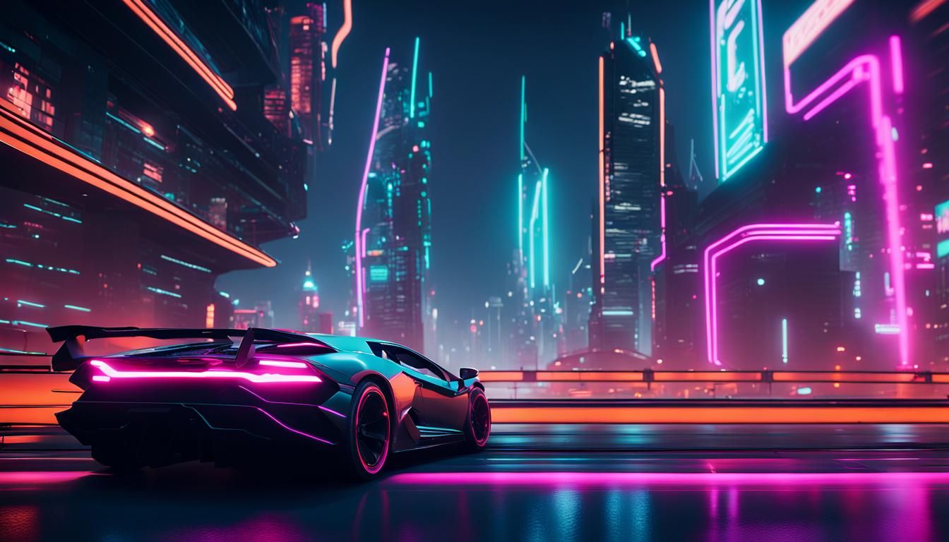 Neon Lamborghini Races Through Cyberpunk Cityscape