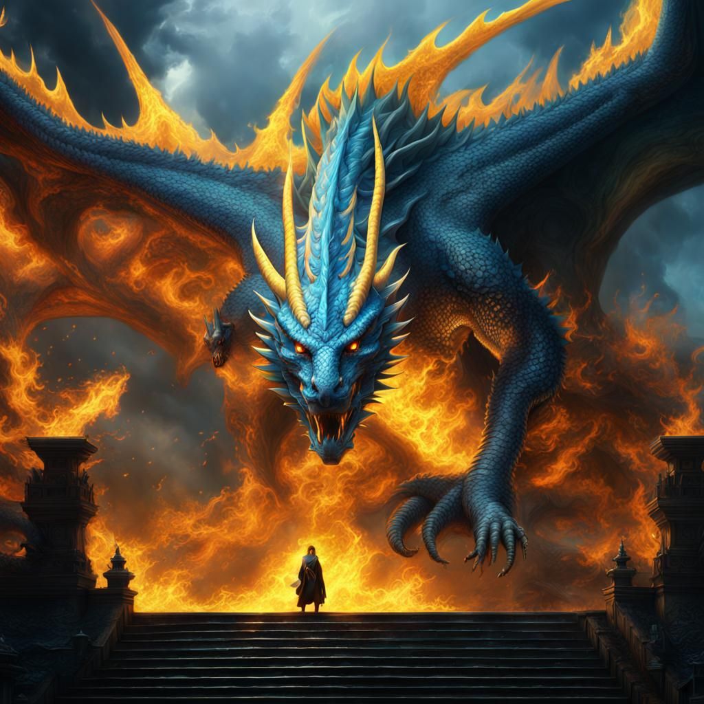 Blue Dragon Unleashes Yellow Fire in Digital Painting