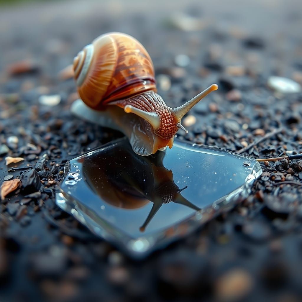 Snail Gazes at Reflection: Macro Photography
