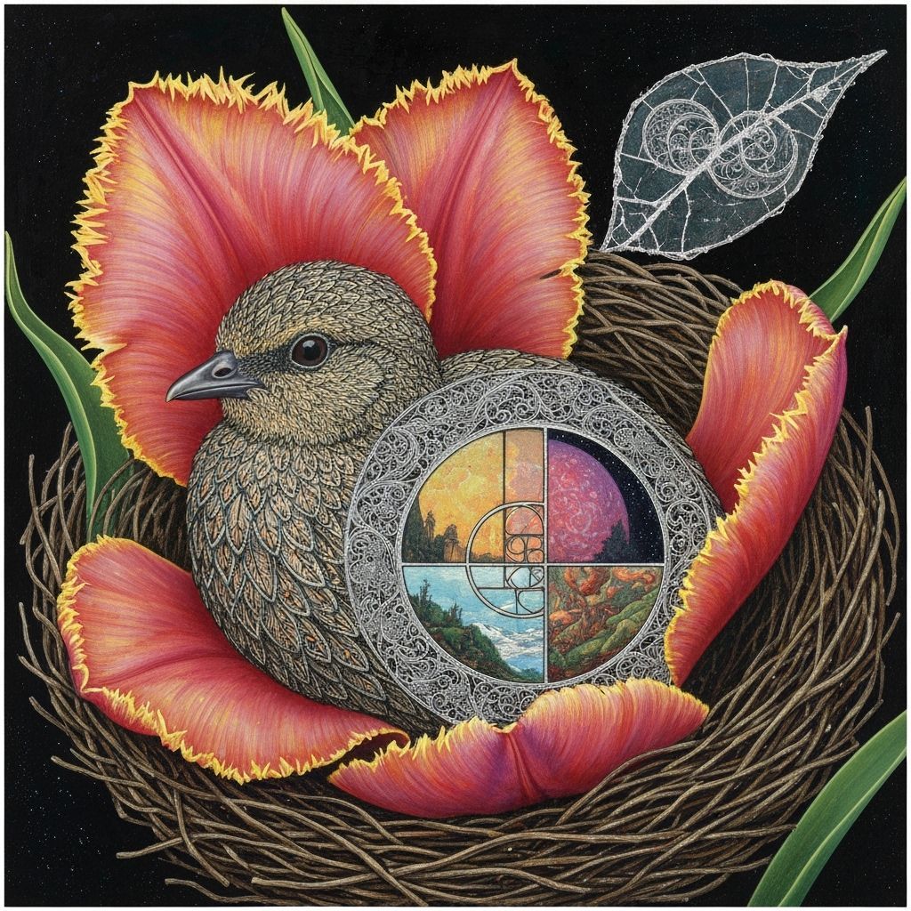 Detailed Painting of a Chick in a Tulip Nest