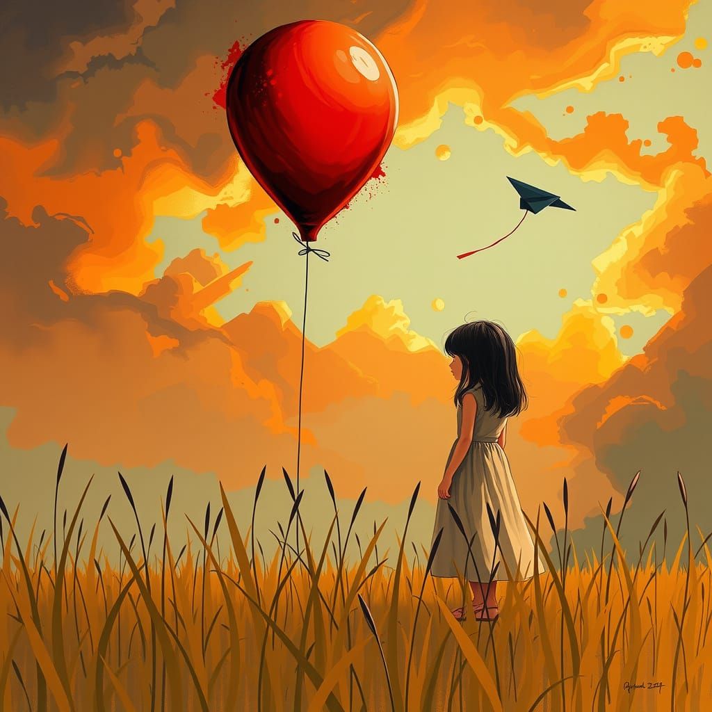 Girl Gazing at Balloon in Dreamlike Landscape