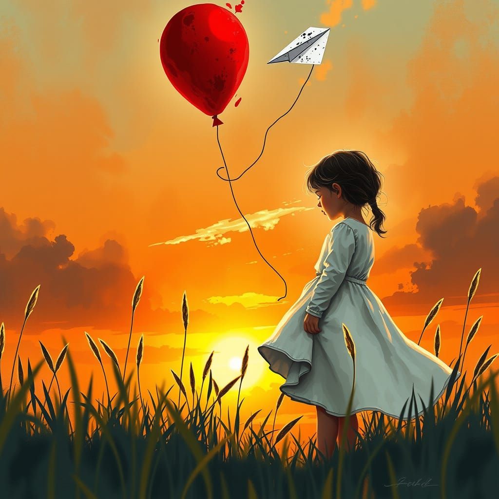 Girl with Balloon and Paper Plane at Sunset