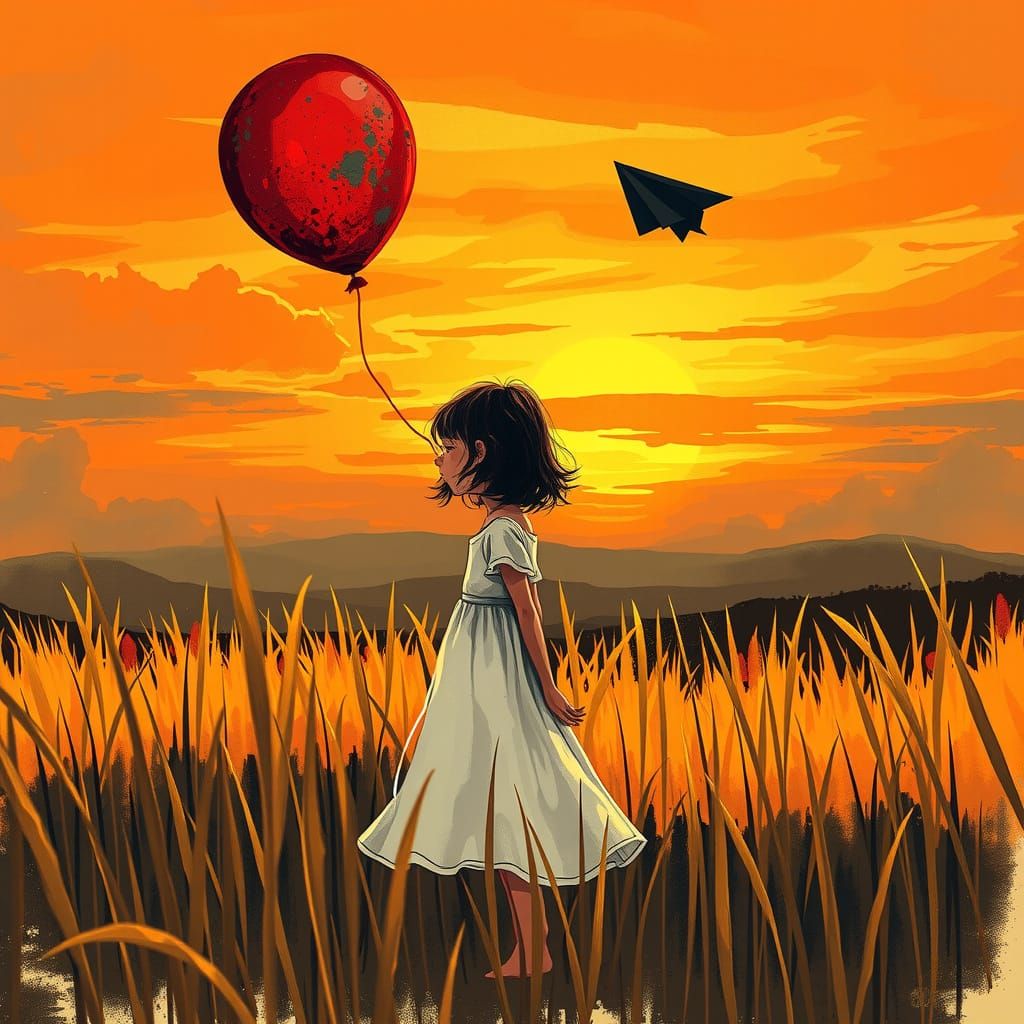 Girl Gazing at Balloon in Painterly Sunset Illustration