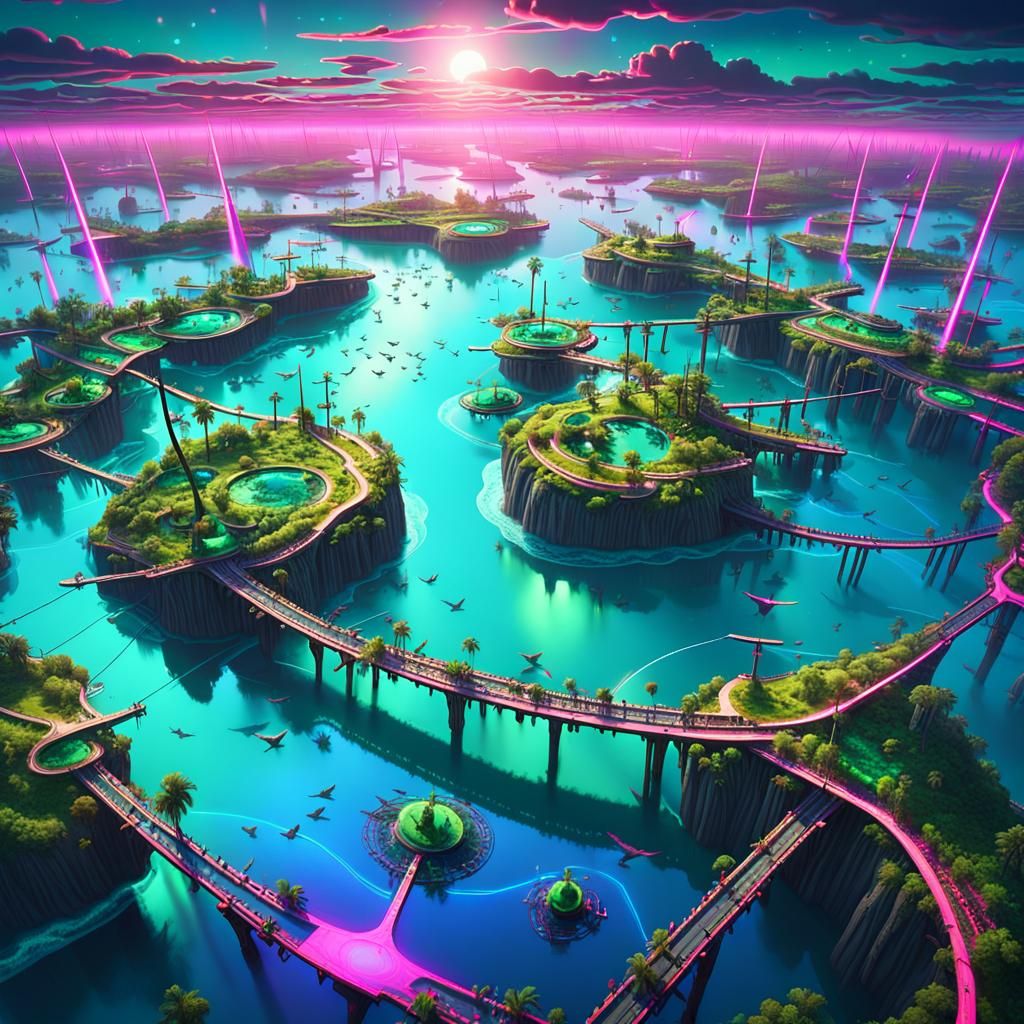 Cyberpunk Archipelago with Emerald Skies