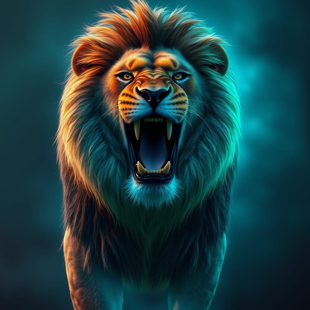 Majestic Lion in Neon-Lit Savannah Splendor