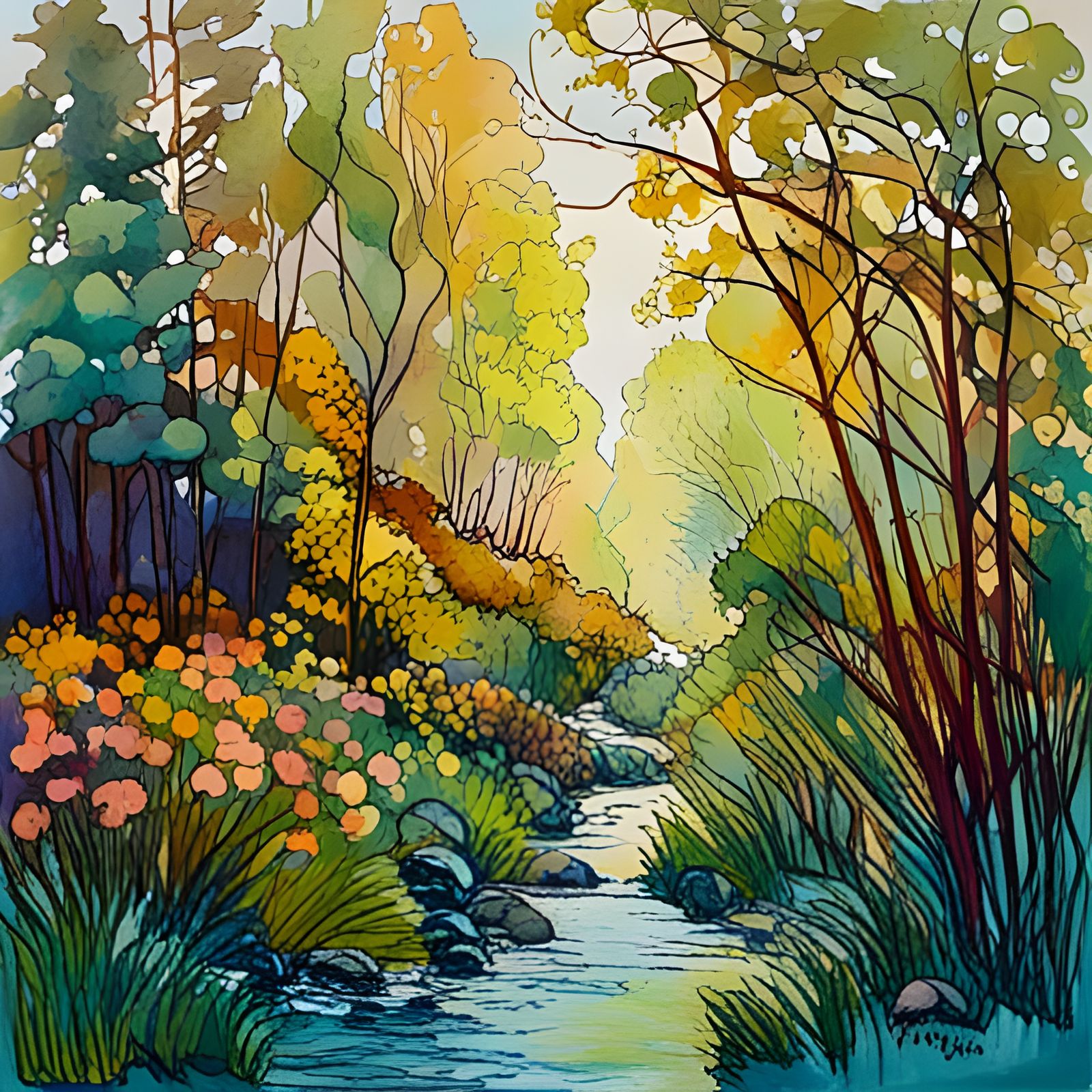 Dreamy Underbrush Landscape in Watercolor and Ink