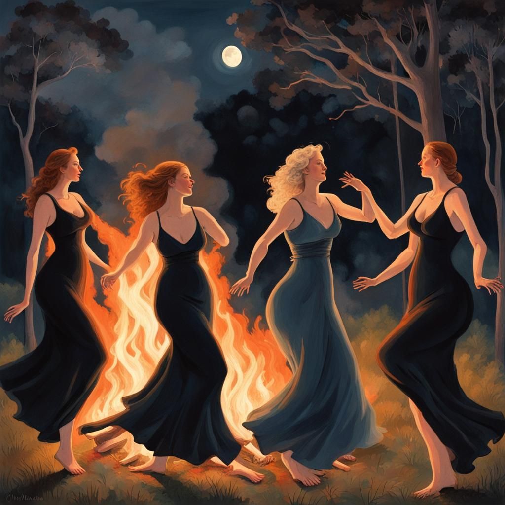 Moonlit Bonfire Dance in Forest Clearing
