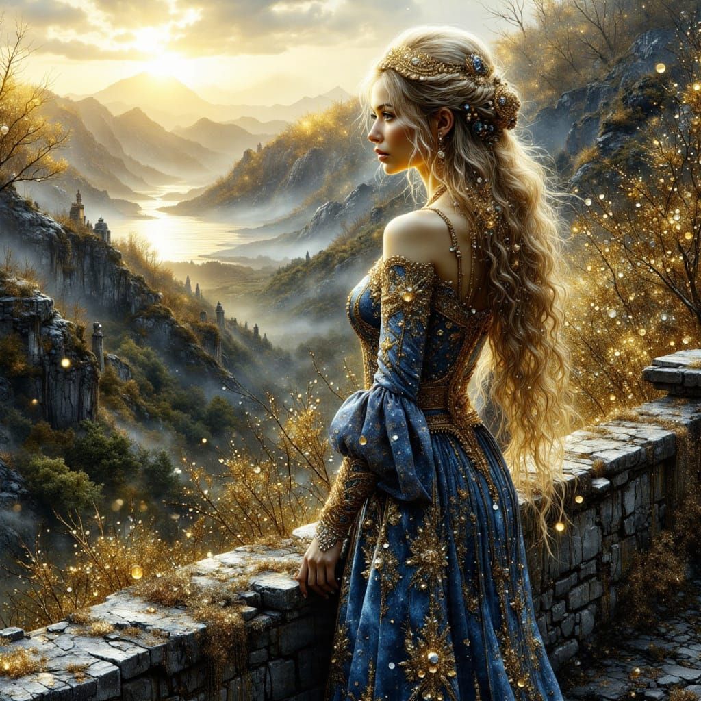 Medieval Woman on Castle Battlements at Sunset