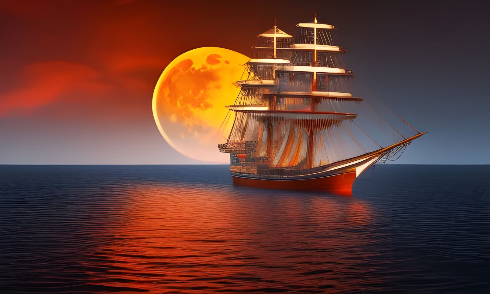 Tall Ship Under Blood Moon, Realistic 8K Image