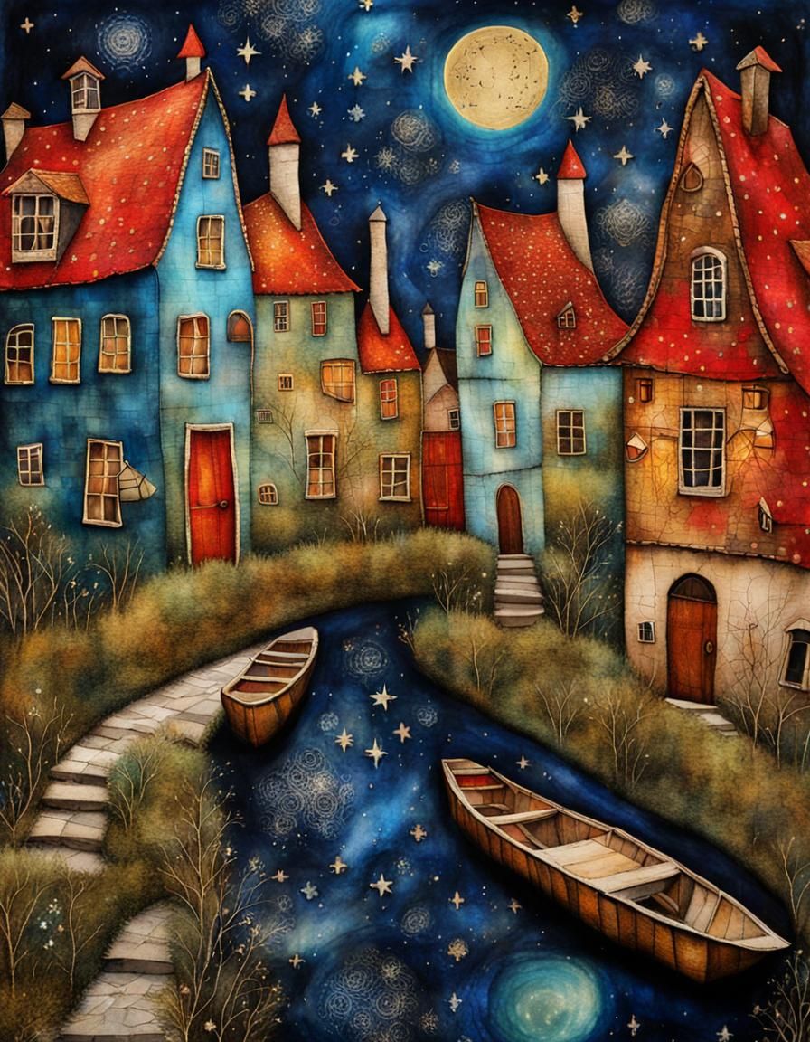 Mystical Canal Village in Mixed Media Collage