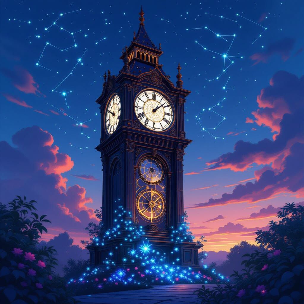 Celestial Clock Tower Against Twilight Sky