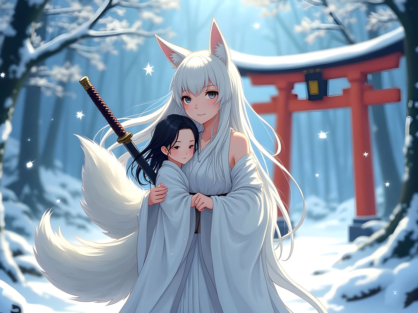 Ethereal Kitsune Goddess Watches Over Snowy Shrine