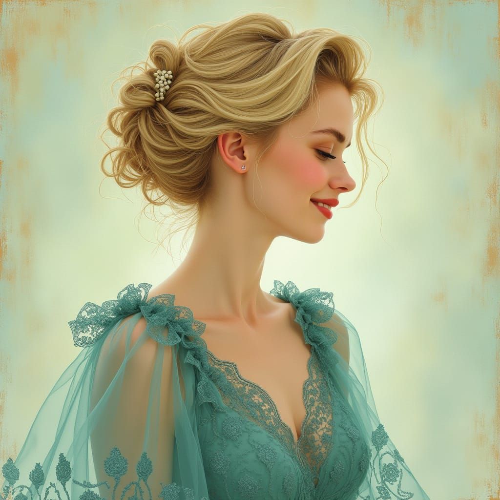Blonde Woman in Flowing Gown, Art Nouveau Style