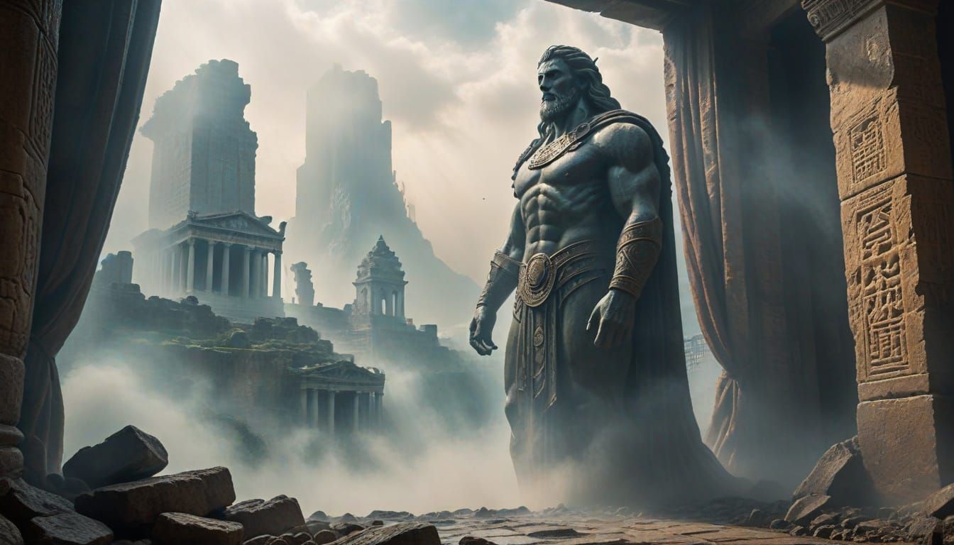 Mythical City Revealed by Giant God in Misty Dawn