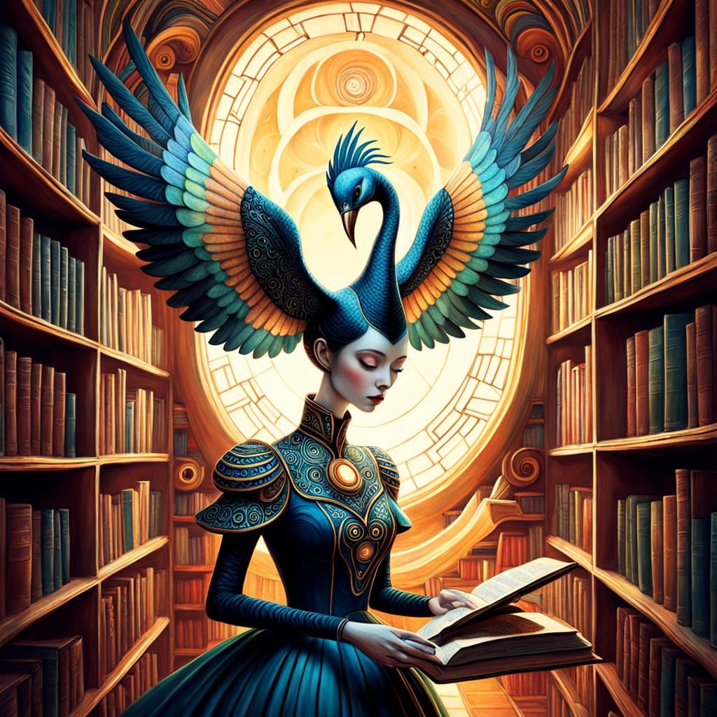 Bird Spaceship Library in Surreal Digital Art