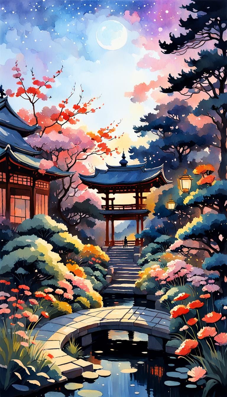 Japanese Garden Sunset in Gouache Watercolor Style