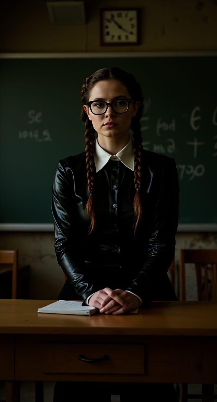Surreal Woman in Abandoned Classroom, Cinematic Style