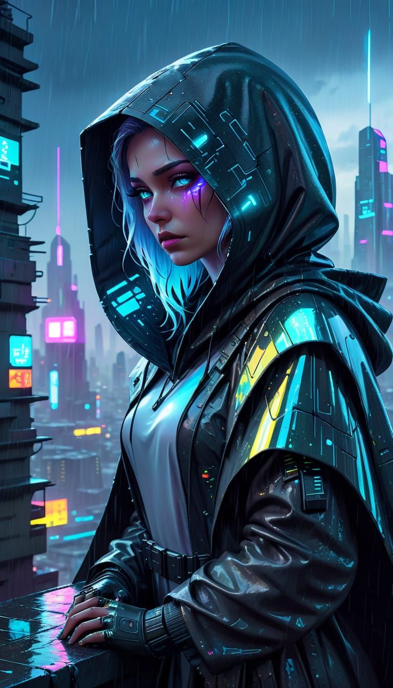 Ethereal Cyberpunk Warrior Gazing into Dystopian City