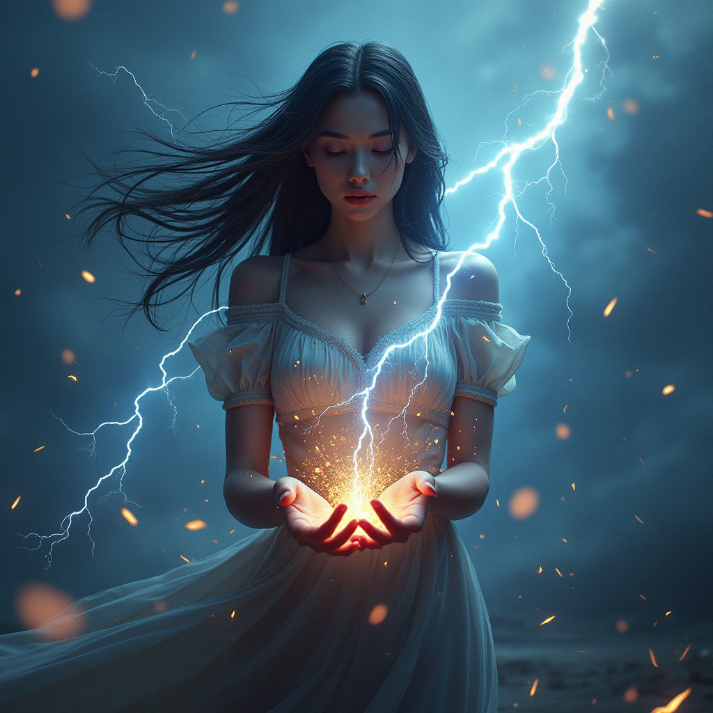 Mystical Woman Controls Lightning in Stormy Fantasy Art