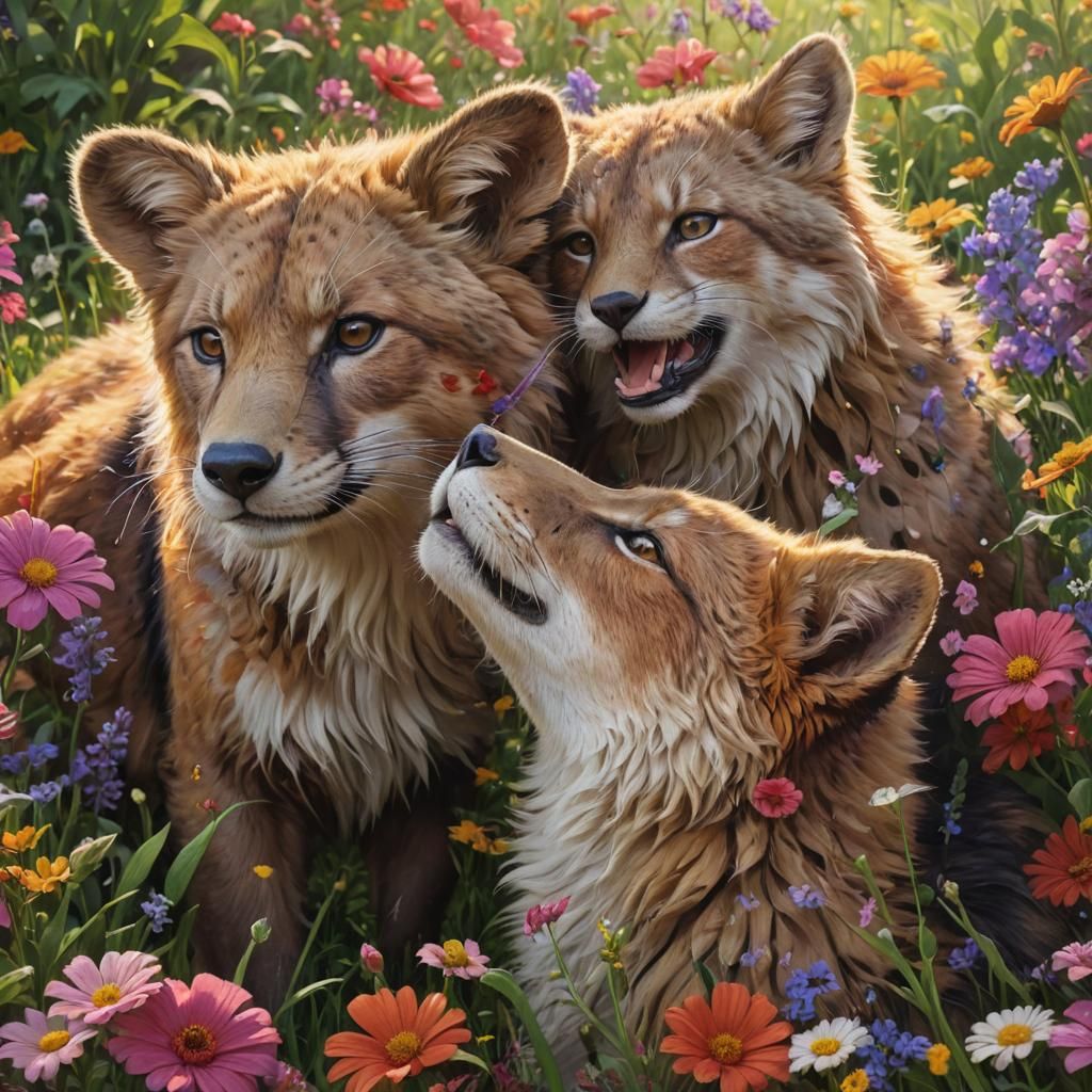 Animals Playing in Lush Meadow: Hyperrealistic Concept Art