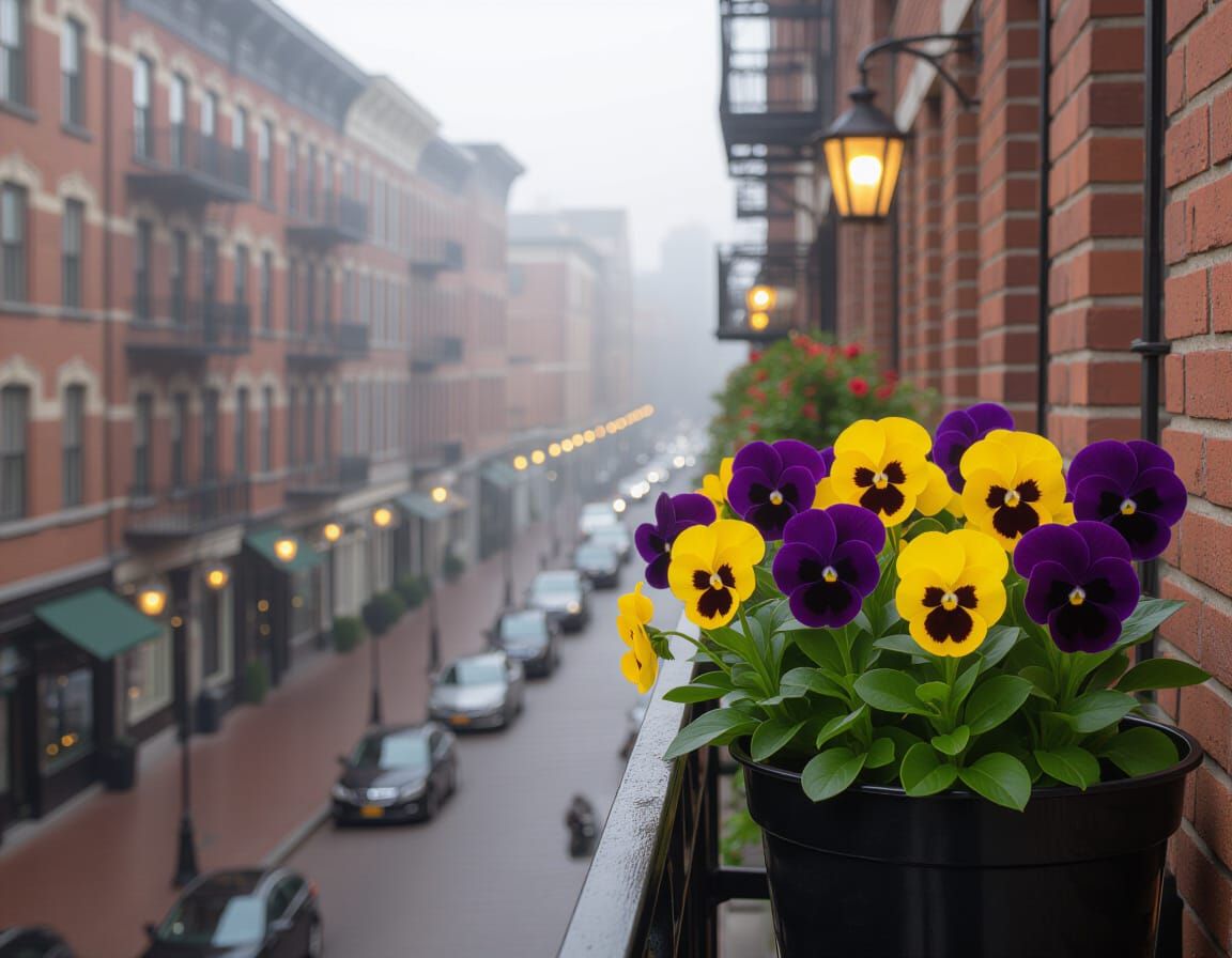 Vibrant Pansies in Flower Pot on Balcony