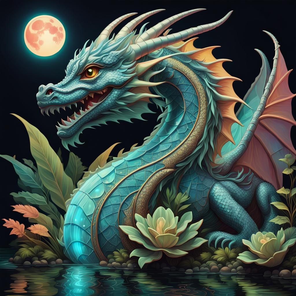 Art Deco Dragon with Bioluminescent Details in Splash Art