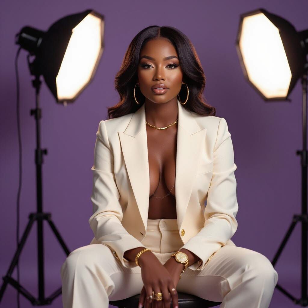 Confident Black Woman in Cream Suit, Studio Portrait