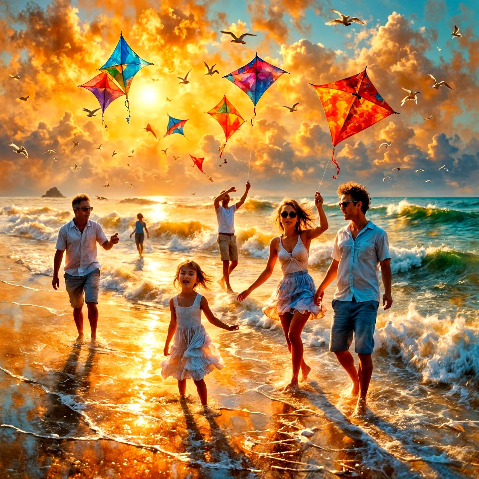 Family Flying Kites on Seaside Shangri-La at Sunset