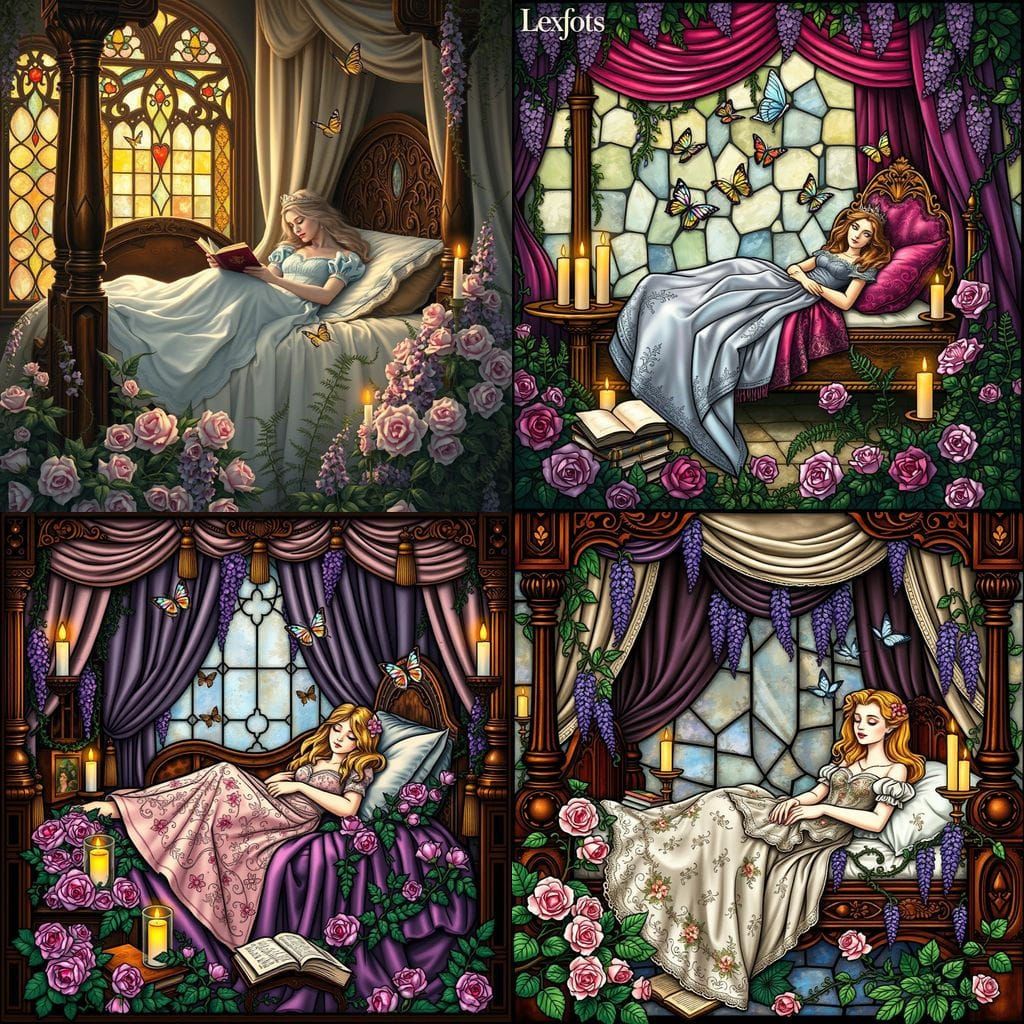 Sleeping Beauty Princess in Stained Glass Window Scene