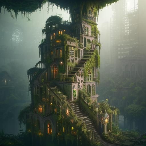 Lush Overgrown Cityscape in Detailed Cubist Style