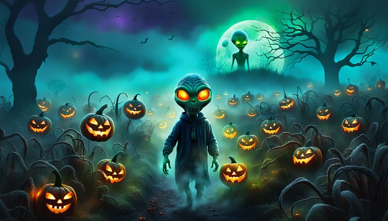 Eerie Alien Jack-o'-Lantern in Dreamlike Landscape