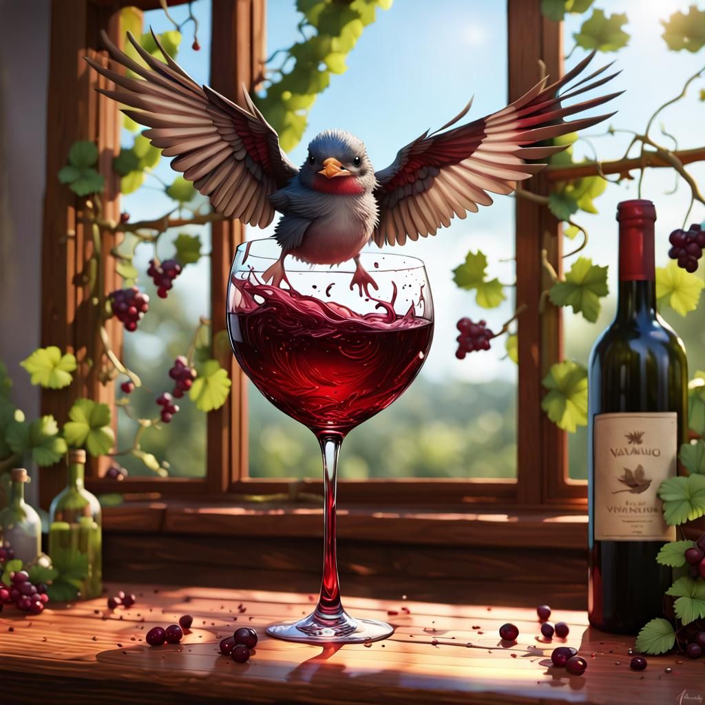 Baby Bird Bathing in Red Wine, Art Nouveau Style