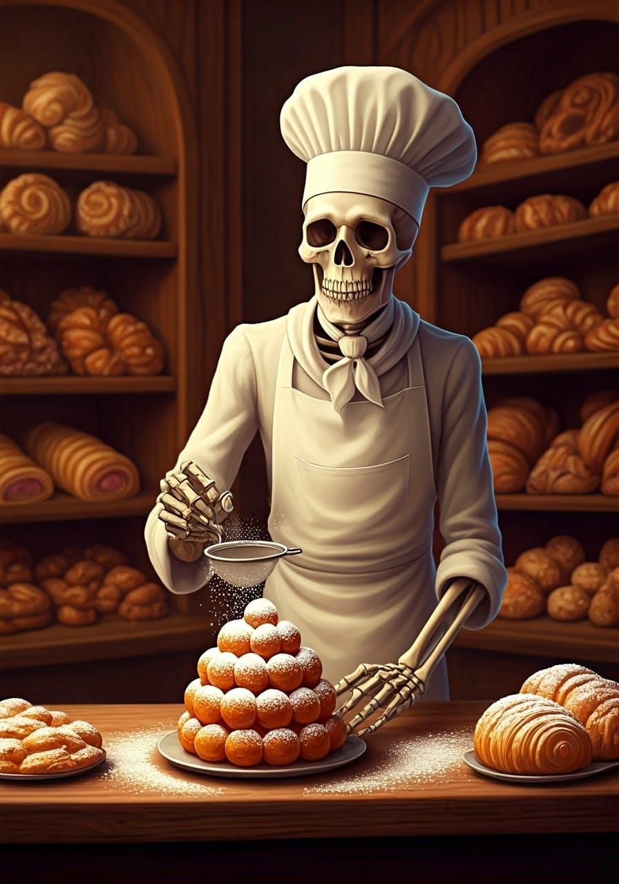 Skeleton Pastry Chef in Whimsical Bakery