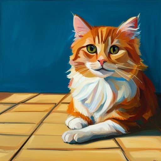 Cat Portrait in Home Interior, Oil Painting