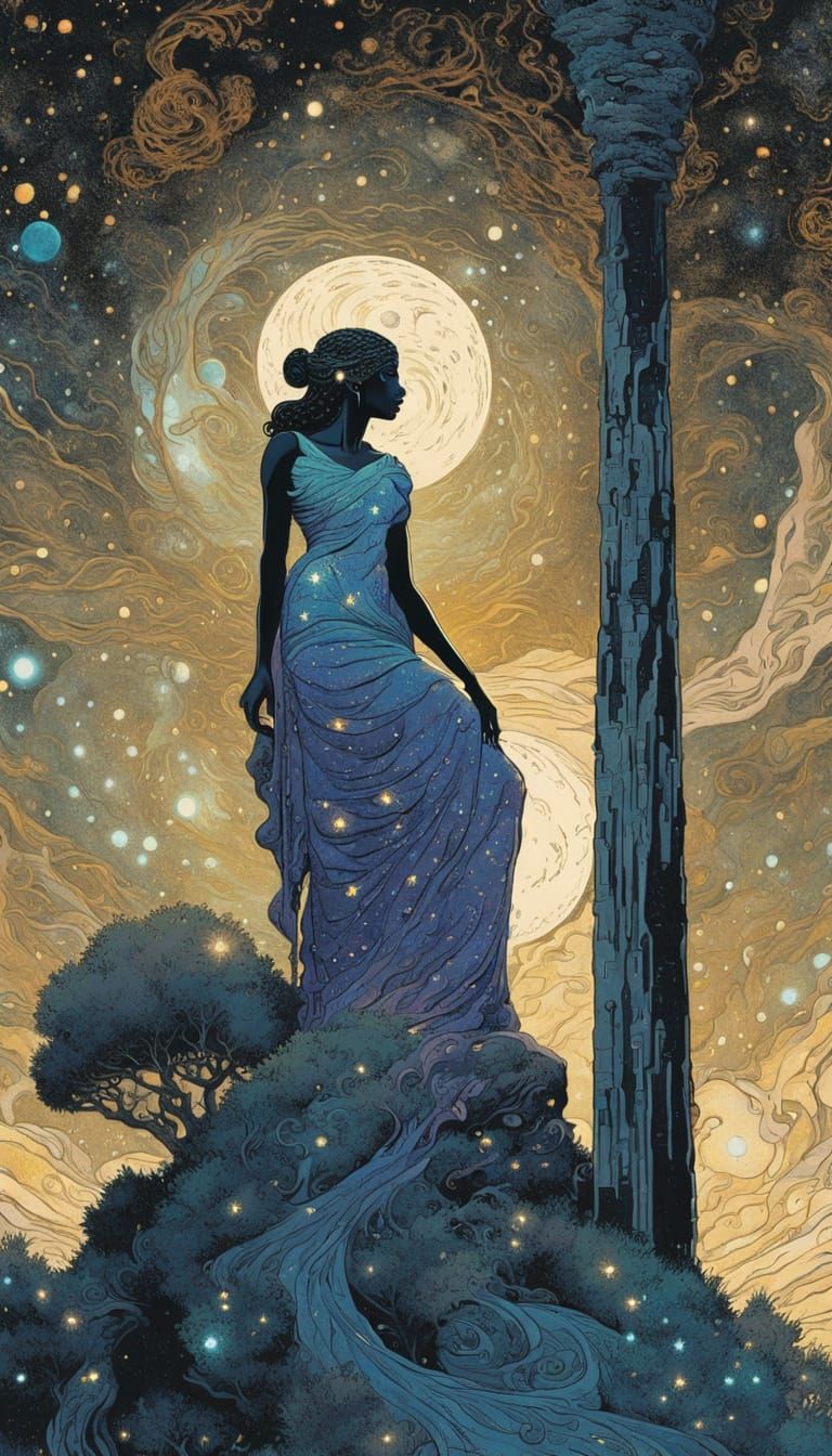 A Dark Skinned Goddess Amidst Cypress Trees Under the Milky ...