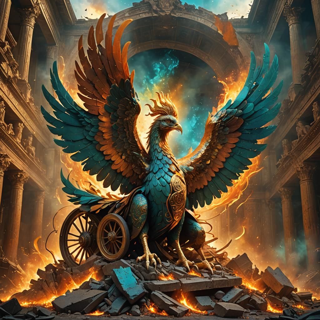 Phoenix Rising from Chariot Ashes: Fantasy Concept Art