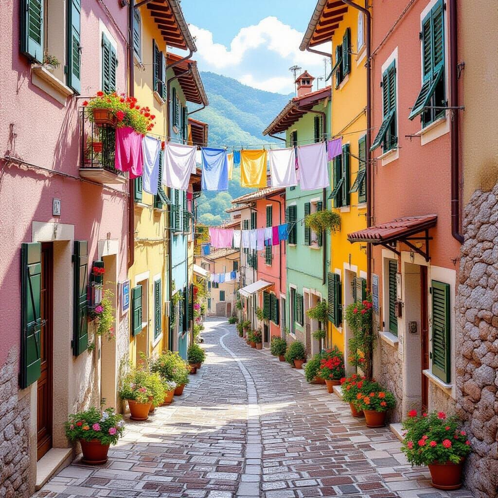 Riomaggiore Street Scene with Pastel Buildings, Photorealist...