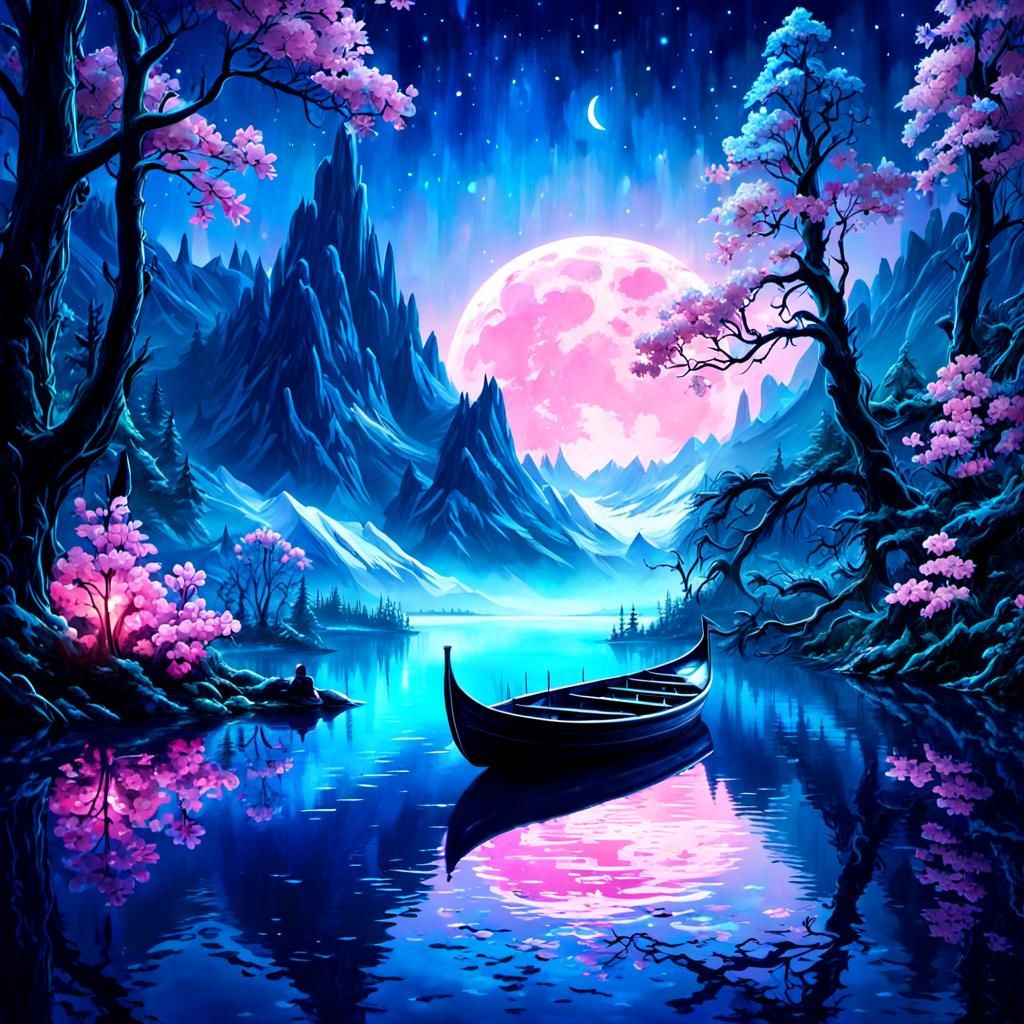 Bioluminescent Elven Boat on Magical Forest Lake