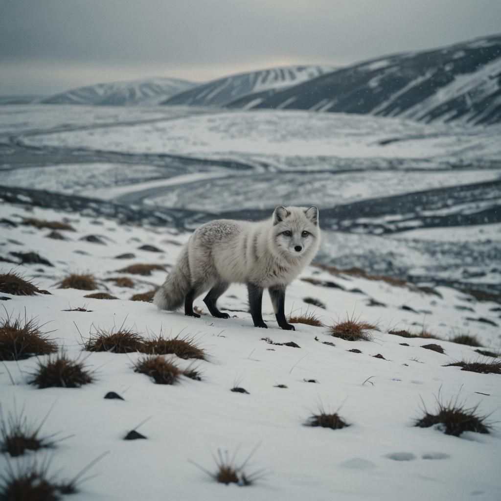 Arctic Fox in Snowy Hills: Cinematic Film Still