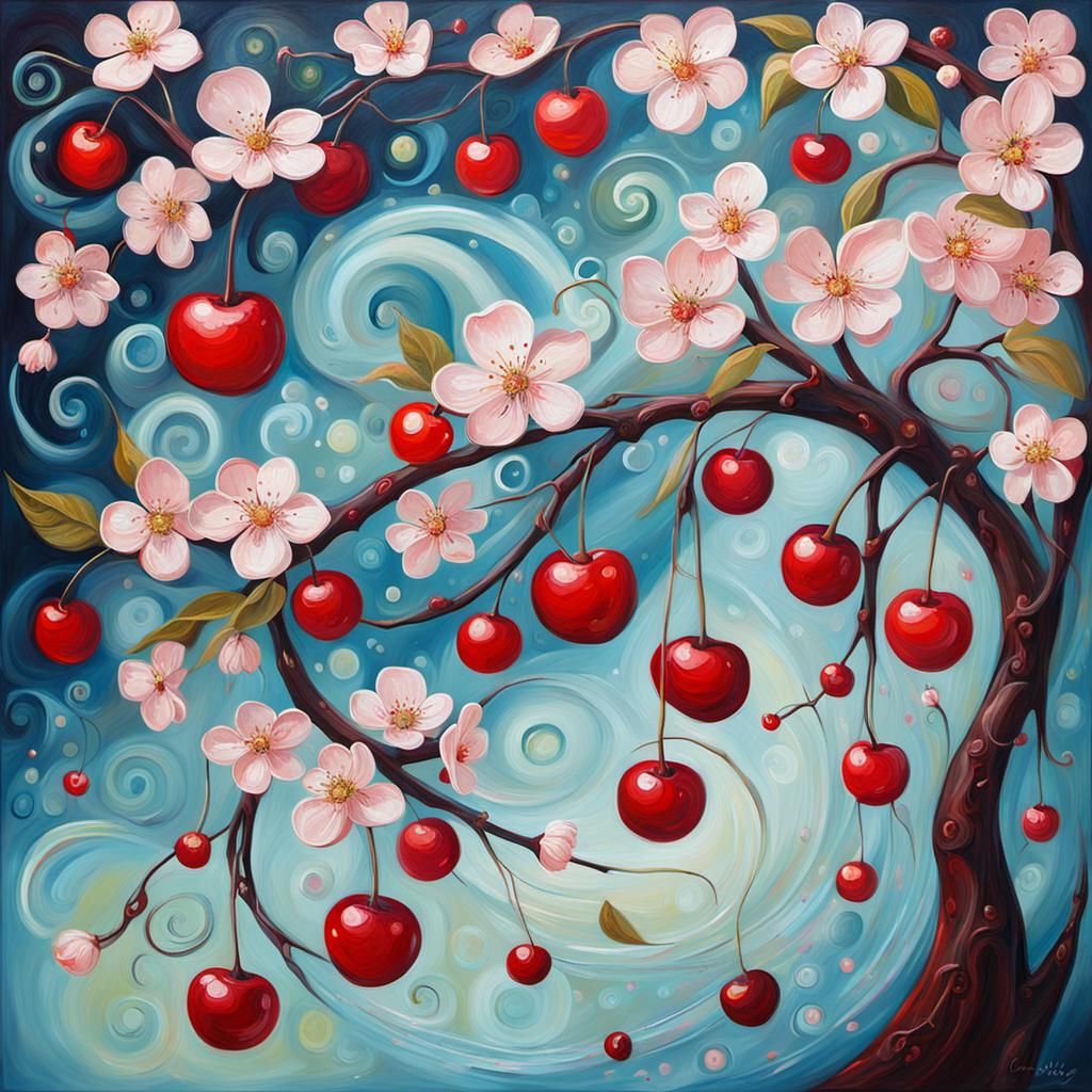 Whimsical Cherry with Fairy-like Patterns in Oil Painting