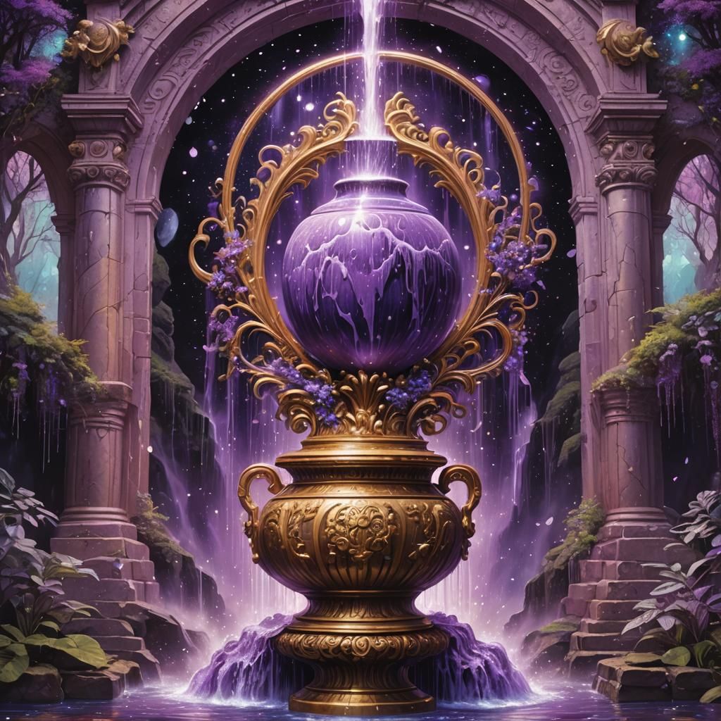 Purple Waterfall Flowing from Giant Urn
