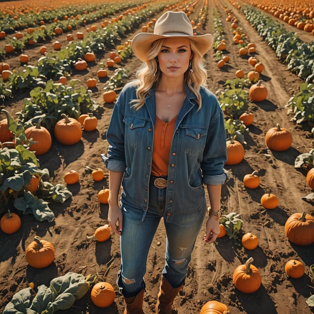 Blonde Model in Pumpkin Patch, Cinematic Digital Art