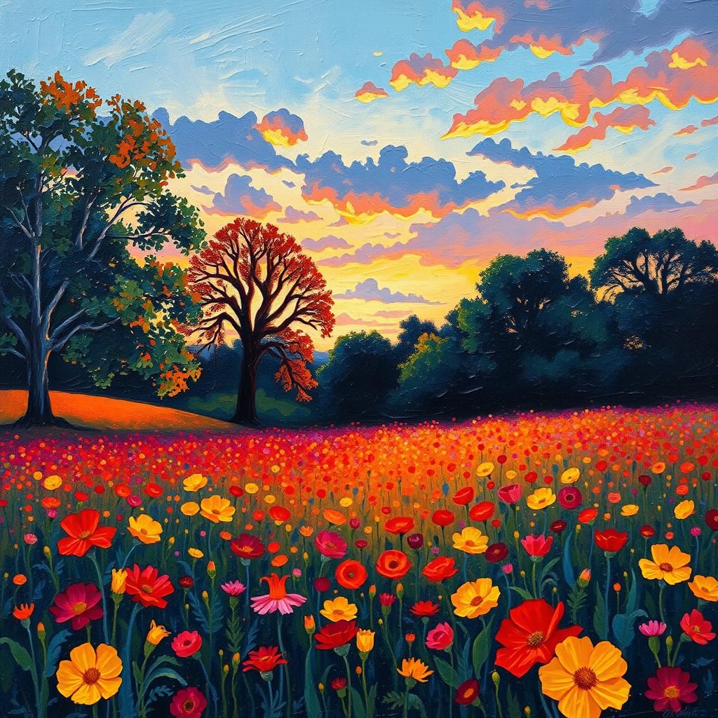Expressive Flower Field Painting in Neo-Impressionist Style