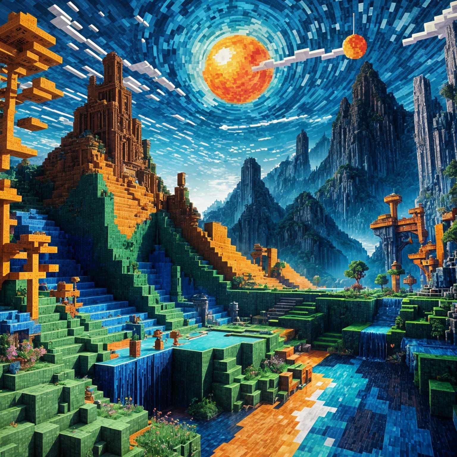 Pixelated Solarpunk Landscape in Minecraft Style