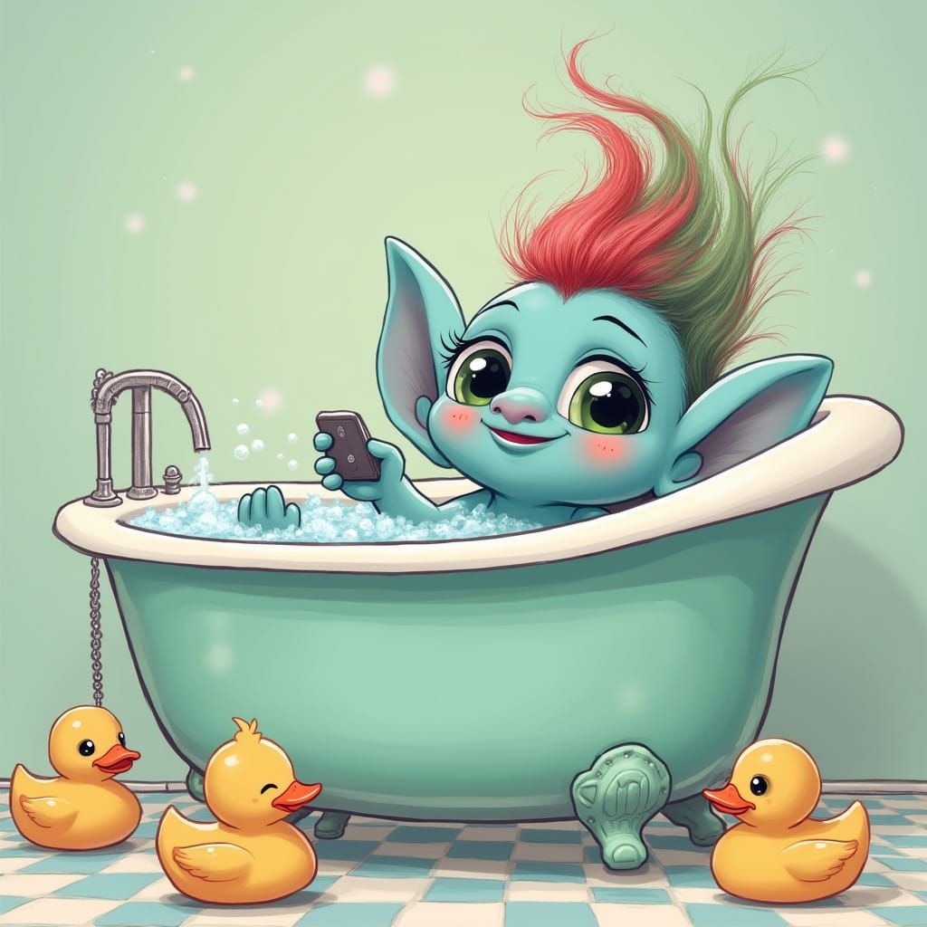 A pale blue troll is super cute, looking like a teletubby, w...