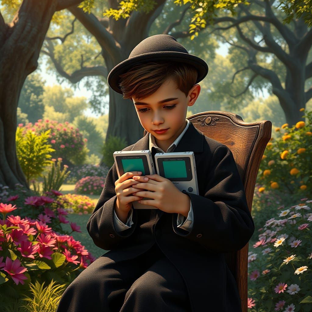 Chassidic Boy Lost in Fantasy, Worn Wooden Chair, Vibrant Ga...