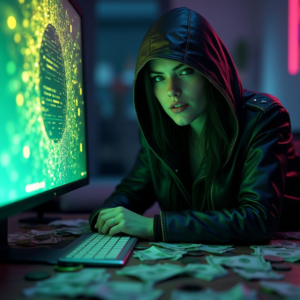 Cyberpunk Blockchain Goddess Awakens in Neon Dreamscape